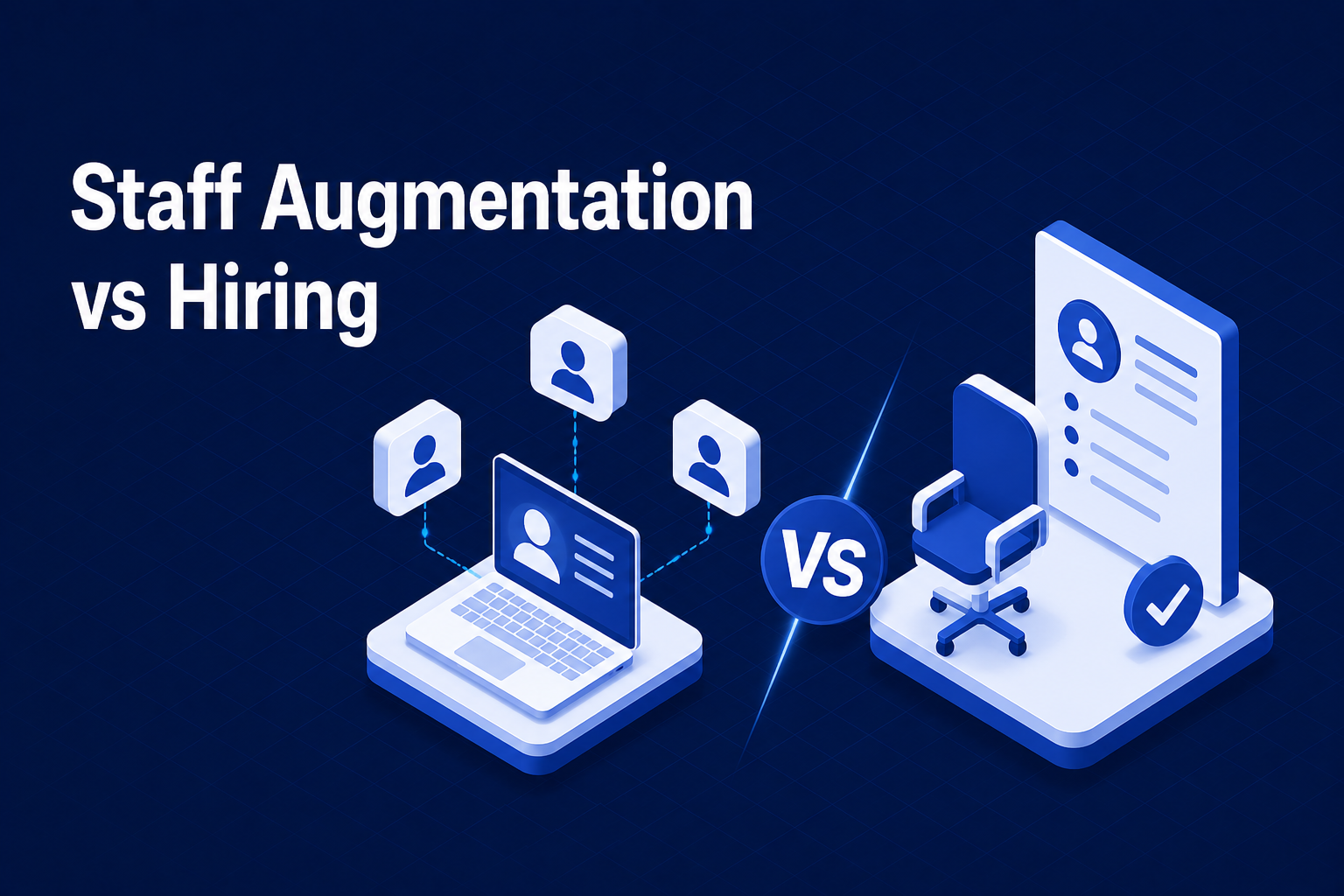 Staff augmentation and full-time hiring comparison showing flexible access to developers versus building an in-house engineering team.